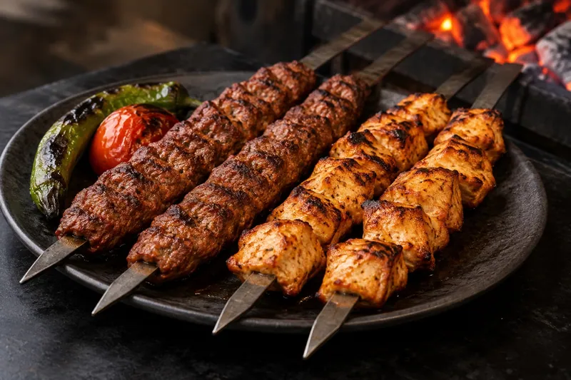 KI-generierte Illustration von Adana- und Tavuk-Kebab vom Holzkohlegrill