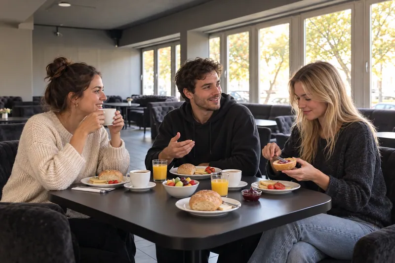 KI-Illustration: drei fiktive Gäste frühstücken gemeinsam, auf Basis der Ootel-Lounge