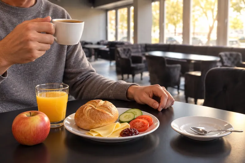 KI-Illustration: Frühstück und ein fiktiver Gast mit Kaffee, auf Basis der Ootel-Lounge