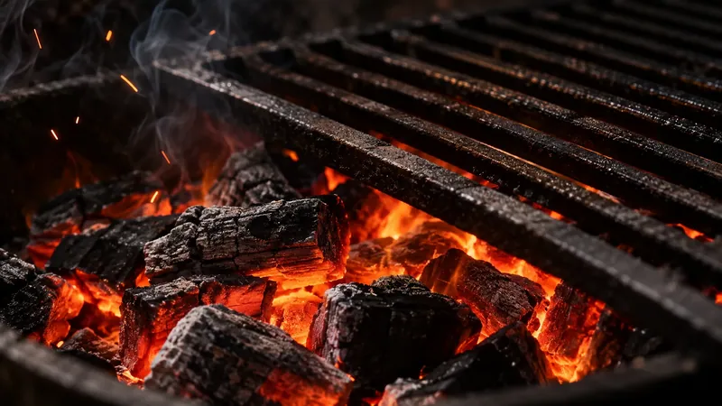 KI-generierte Illustration von glühender Holzkohle unter einem Grillrost