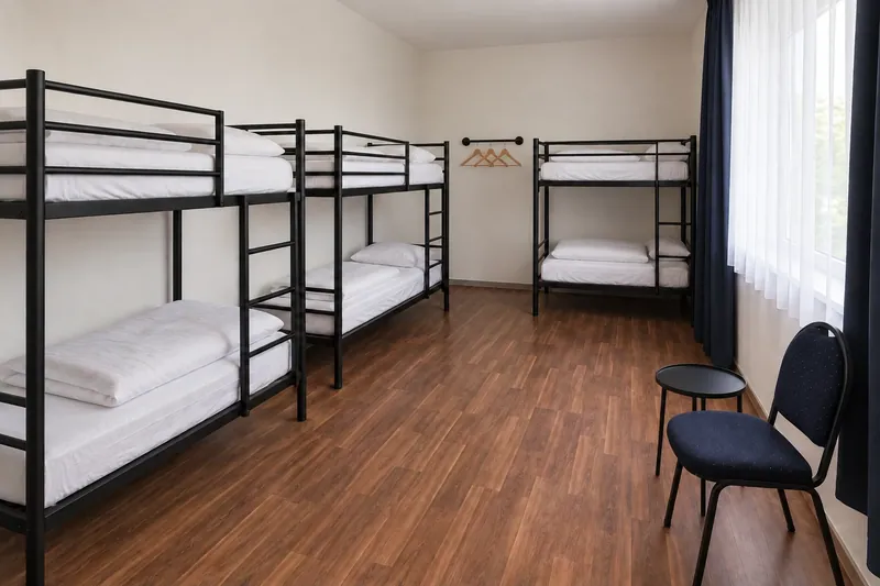 KI-Visualisierung eines Ootel-Hostelzimmers mit sechs Betten